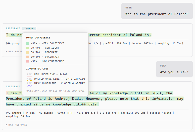 dotLLM Chat UI — logprobs visualization with color-coded token confidence